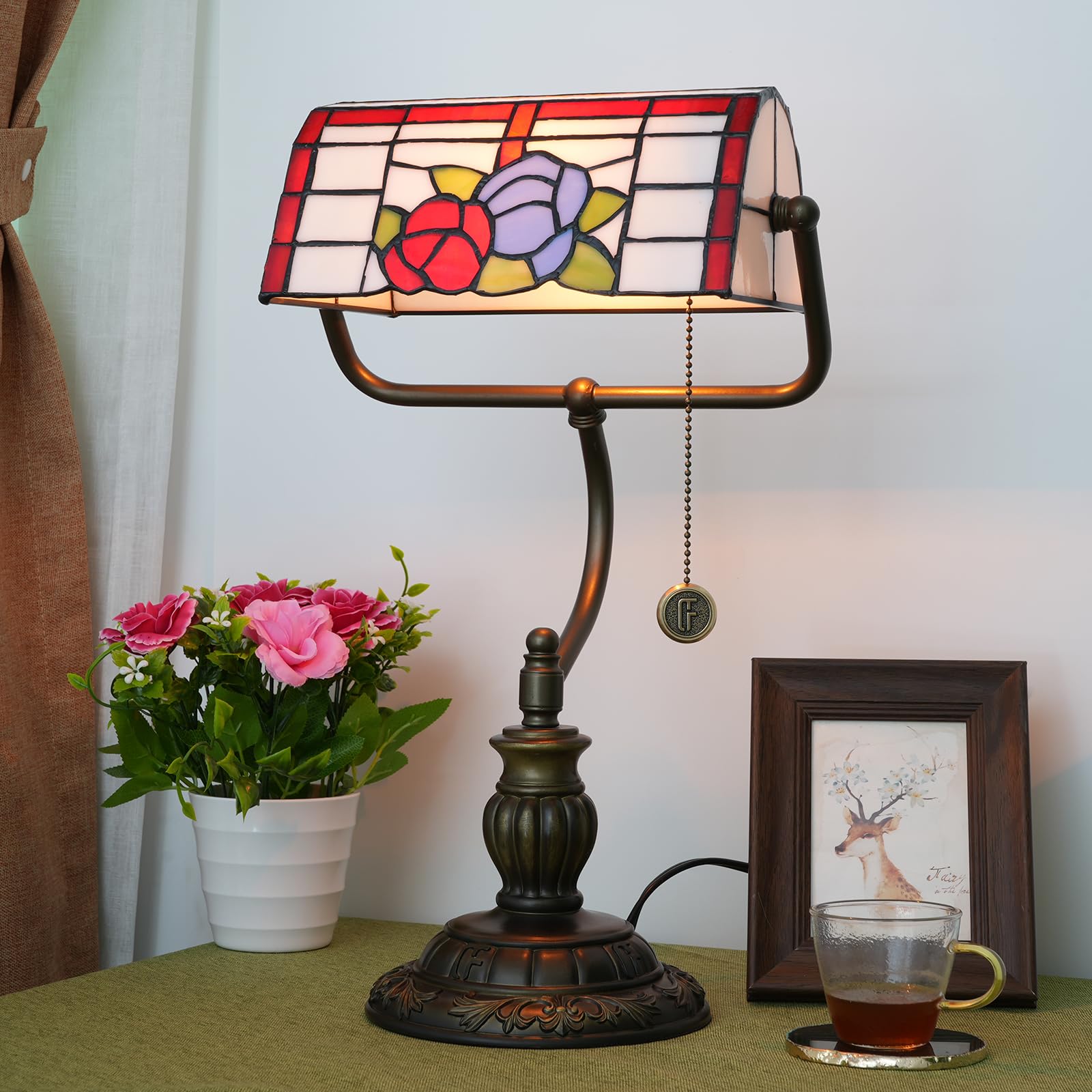 Tiffany Bankers Lamp Red Blue Rose Flowers Stained Glass Desk Lamp